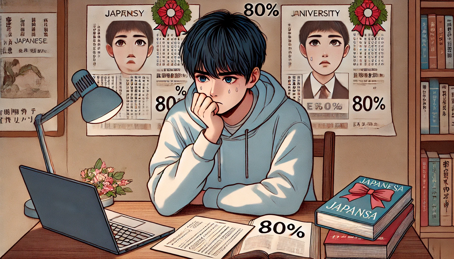 A thoughtful and emotional digital illustration depicting a Japanese student feeling uncertain and worried about their university admission despite scoring 80%. The setting is a study desk with textbooks, a laptop, and exam papers, with a tense and introspective atmosphere. The student's facial expression should reflect concern and deep thought, symbolizing the struggles of competitive entrance exams. The image should be in a 16:9 aspect ratio.