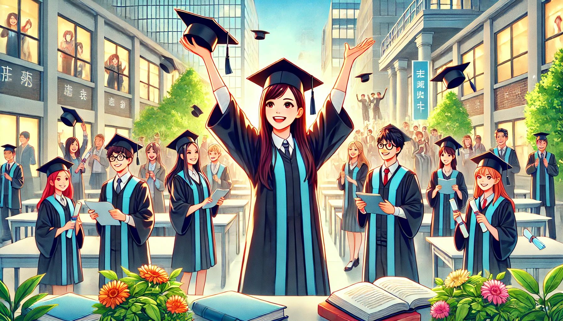 A vibrant and inspiring digital illustration of successful Japanese university students celebrating their achievements. The scene should depict a bright and energetic campus environment with students in graduation attire or engaged in positive academic activities. The students should appear confident, happy, and motivated, symbolizing success after overcoming difficult entrance exams. The image should be in a 16:9 aspect ratio.