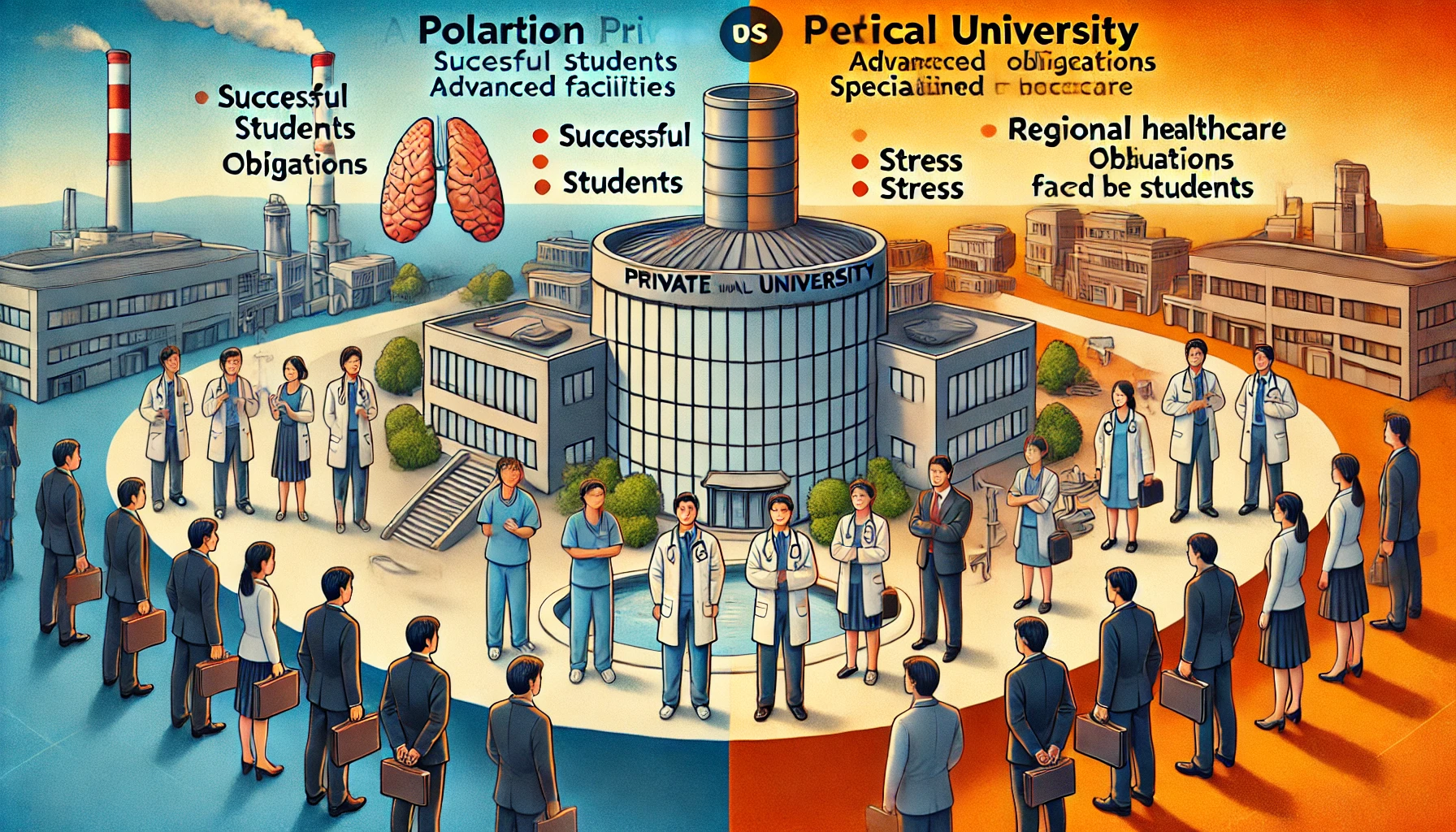 A conceptual illustration showing the polarization of opinions about a Japanese private medical university specializing in regional healthcare. The image is split into two halves: one side depicting a positive view with successful students, advanced facilities, and dedicated professors, while the other side shows criticism with concerns over regional healthcare obligations, stress, and challenges faced by students. The contrast should be visually striking and thought-provoking.