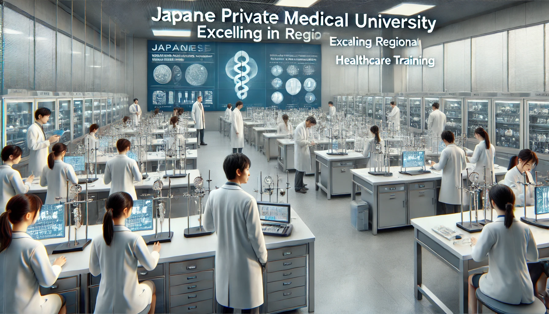 A realistic and professional depiction of a Japanese private medical university excelling in regional healthcare training. The image showcases well-equipped medical laboratories, students actively engaged in hands-on learning, and professors providing expert guidance. The environment reflects high standards, innovation, and dedication to medical excellence.