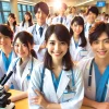 A vibrant and dynamic scene of bright and talented Japanese medical students at a private university specializing in regional healthcare. The students are enthusiastic, collaborative, and engaged in hands-on medical training. The atmosphere is lively, with modern classrooms and advanced medical equipment. The students exude confidence and determination, showcasing their passion for becoming skilled doctors.