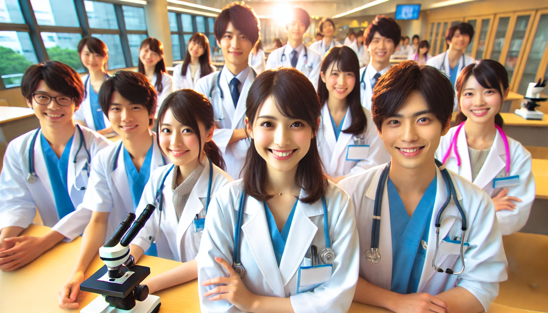 A vibrant and dynamic scene of bright and talented Japanese medical students at a private university specializing in regional healthcare. The students are enthusiastic, collaborative, and engaged in hands-on medical training. The atmosphere is lively, with modern classrooms and advanced medical equipment. The students exude confidence and determination, showcasing their passion for becoming skilled doctors.