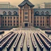 A prestigious Japanese military academy where future defense force officers undergo rigorous training under strict discipline. The academy features a grand campus with students in uniform marching in formation. The atmosphere is serious and focused, showcasing the structured military education.