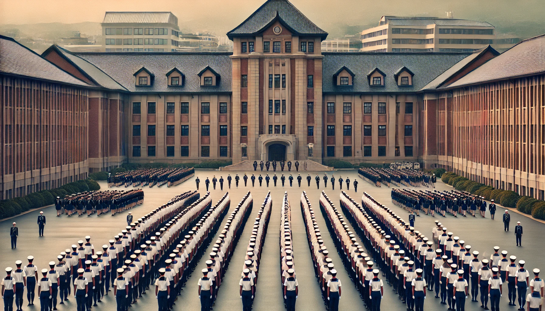 A prestigious Japanese military academy where future defense force officers undergo rigorous training under strict discipline. The academy features a grand campus with students in uniform marching in formation. The atmosphere is serious and focused, showcasing the structured military education.