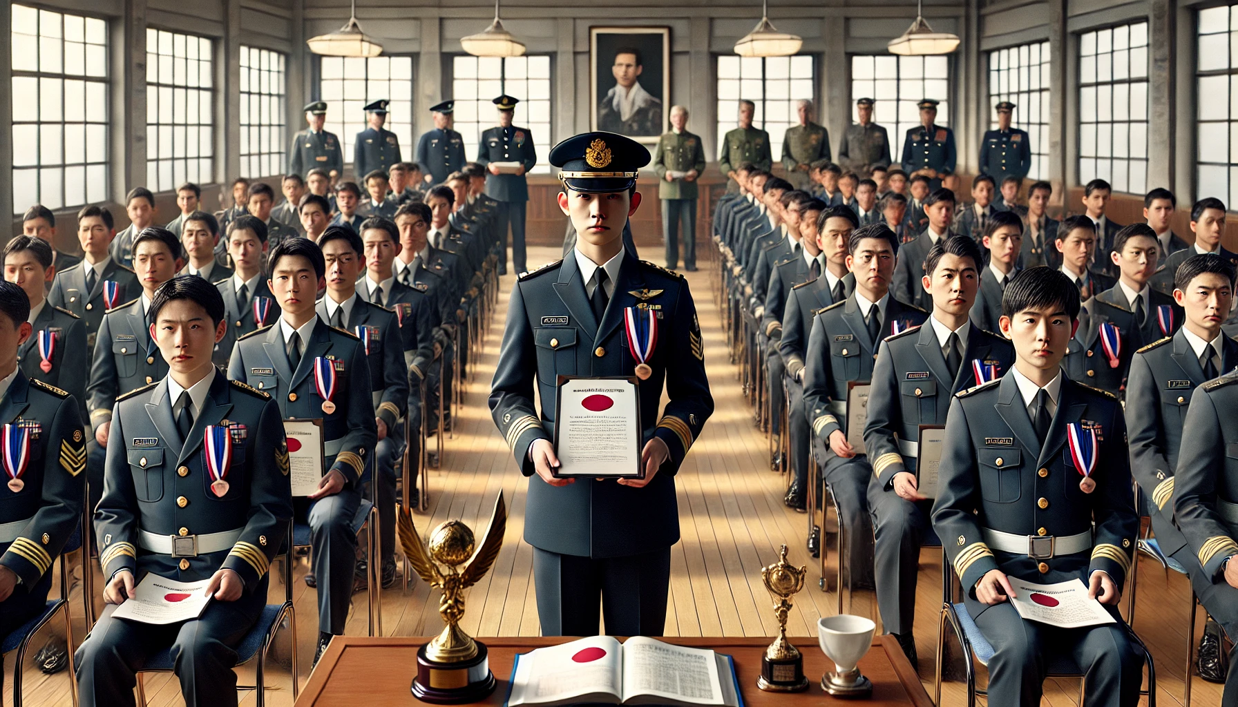 An elite military academy in Japan with a high reputation, training future officers under strict discipline. The scene showcases an award ceremony or an official event, where Japanese cadets receive honors for their academic and military achievements. The environment is formal, with officials and faculty members present, emphasizing the institution's high evaluation and esteemed status.