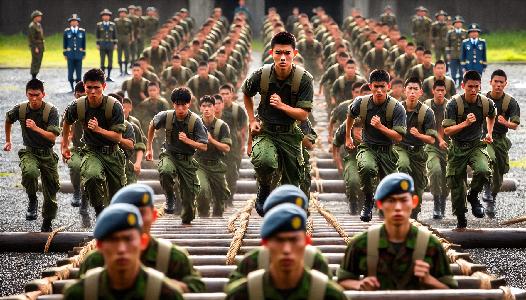 An elite military academy in Japan, known for its strict discipline and rigorous training. The scene depicts cadets undergoing intense physical training, such as obstacle courses, endurance running, or military drills. Their expressions show determination and focus, highlighting the challenging nature of the academy. The atmosphere is serious, with instructors overseeing the training.