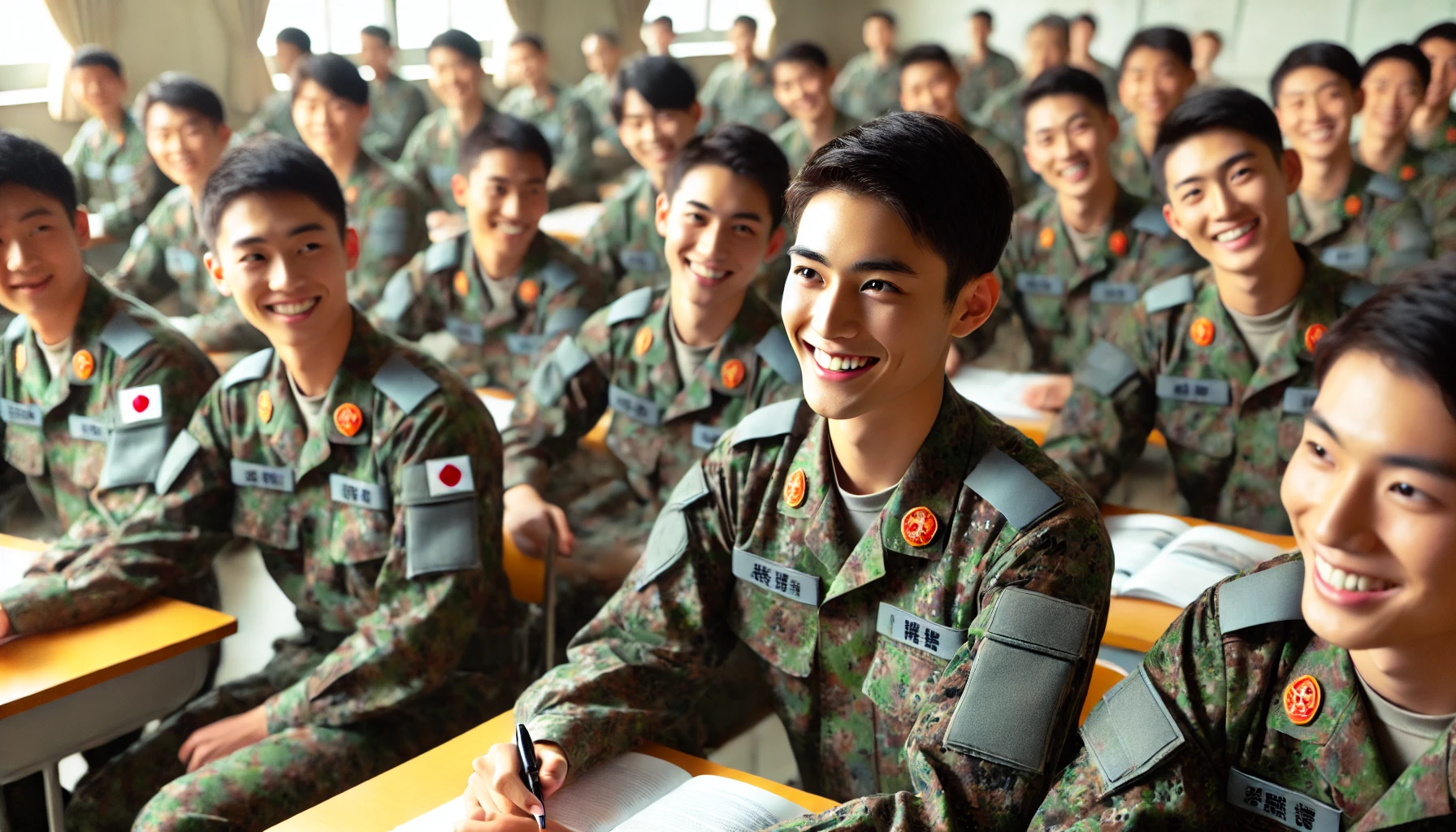 An elite military academy in Japan, with outstanding and bright students. The scene captures a group of Japanese cadets in a classroom, engaged in active discussion and teamwork. They are smiling and working together, showing intelligence and enthusiasm. The environment is well-lit and modern, emphasizing a positive and forward-thinking atmosphere in the academy.