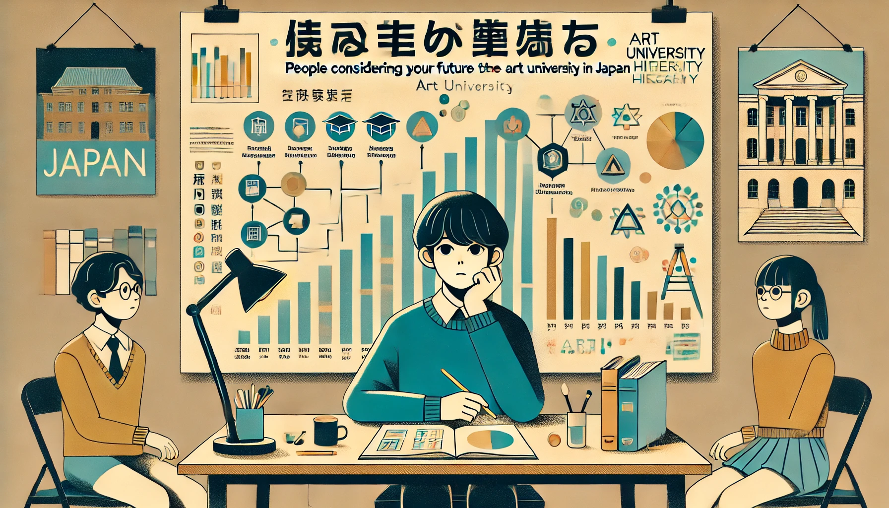 An illustration of a Japanese student sitting at a desk, contemplating their future after researching the hierarchy of art universities in Japan. The student looks thoughtful, with a notebook and art tools on the desk. The background includes subtle imagery of career paths, university options, and design elements. The text on the image reads '美大ヒエラルキーから進路を考えている人' (People considering their future based on the Art University Hierarchy). The style is modern and visually appealing, fitting an educational and career-planning theme.