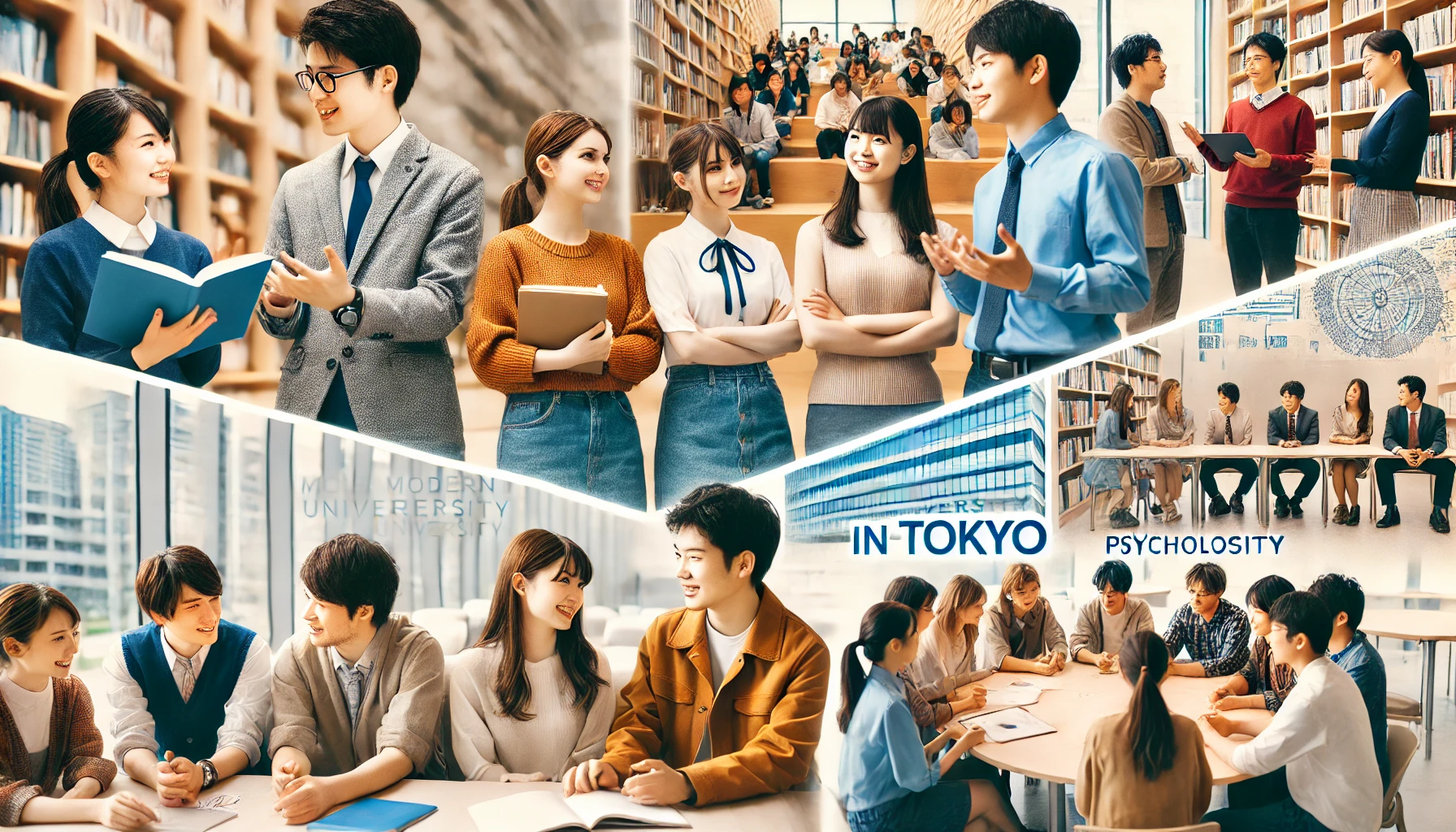 A modern university in Tokyo known for psychology, literature, and regional development, featuring bright and talented students. The image shows diverse Japanese students in a collaborative setting, engaged in lively discussions, presenting projects, and participating in campus activities with enthusiasm. The atmosphere is vibrant, youthful, and academically stimulating.