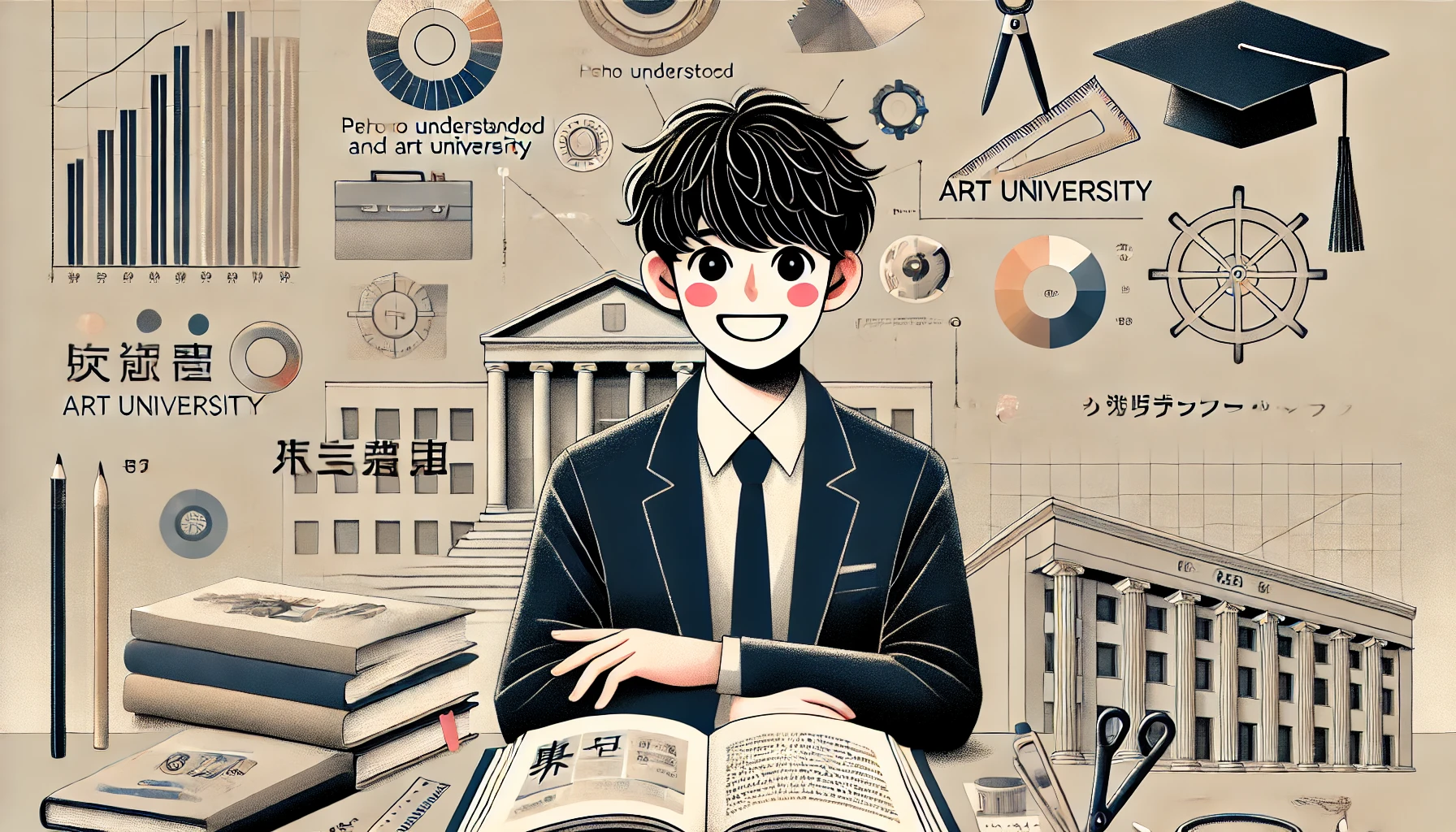 An illustration of a Japanese student sitting confidently, smiling with a sense of accomplishment after understanding the hierarchy of art universities in Japan. The student is surrounded by design tools, books, and a completed notebook. The background features subtle elements representing knowledge and clarity. The text on the image reads '美大ヒエラルキーを理解して納得できた人' (People who have understood and are satisfied with the Art University Hierarchy). The style is modern, clean, and visually appealing, fitting an educational theme.