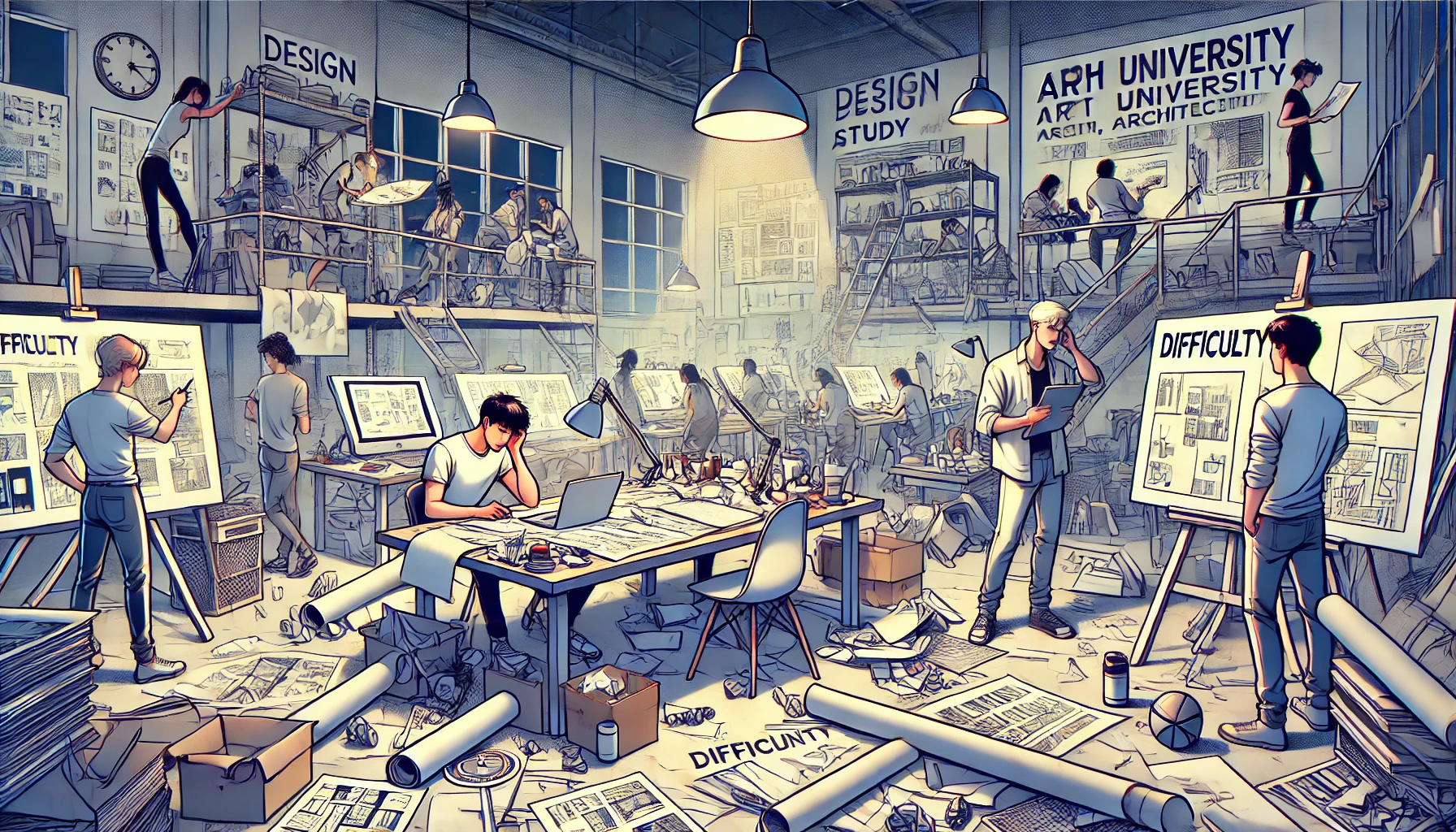 Illustration of the challenges faced by students in a prestigious art university specializing in design, architecture, film, and graphic arts. The image should highlight key difficulty points, such as students struggling with complex design assignments, late-night study sessions, and intense critiques from professors. The environment should show an artistic studio with scattered papers, sketches, and models, capturing the demanding atmosphere.