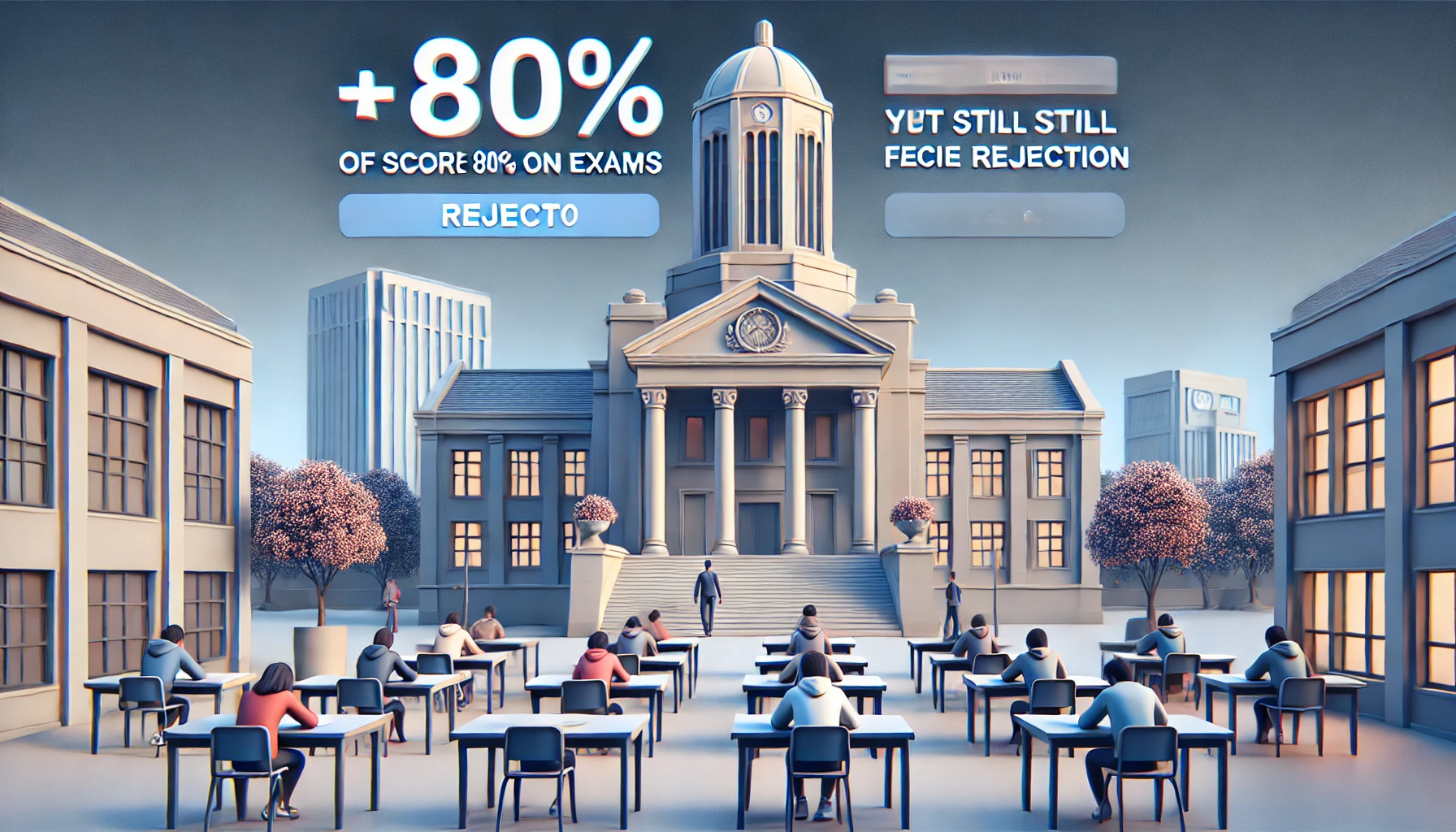 A modern and visually appealing digital illustration of a university campus with an academic atmosphere. The scene highlights the challenge of scoring 80% on exams yet still facing rejection. The design should be professional, featuring university buildings, students, and a competitive exam setting. The overall tone should be serious yet engaging, illustrating the difficulty of admission despite high scores. The students should appear to be of Japanese ethnicity. The image should be in a 16:9 aspect ratio.