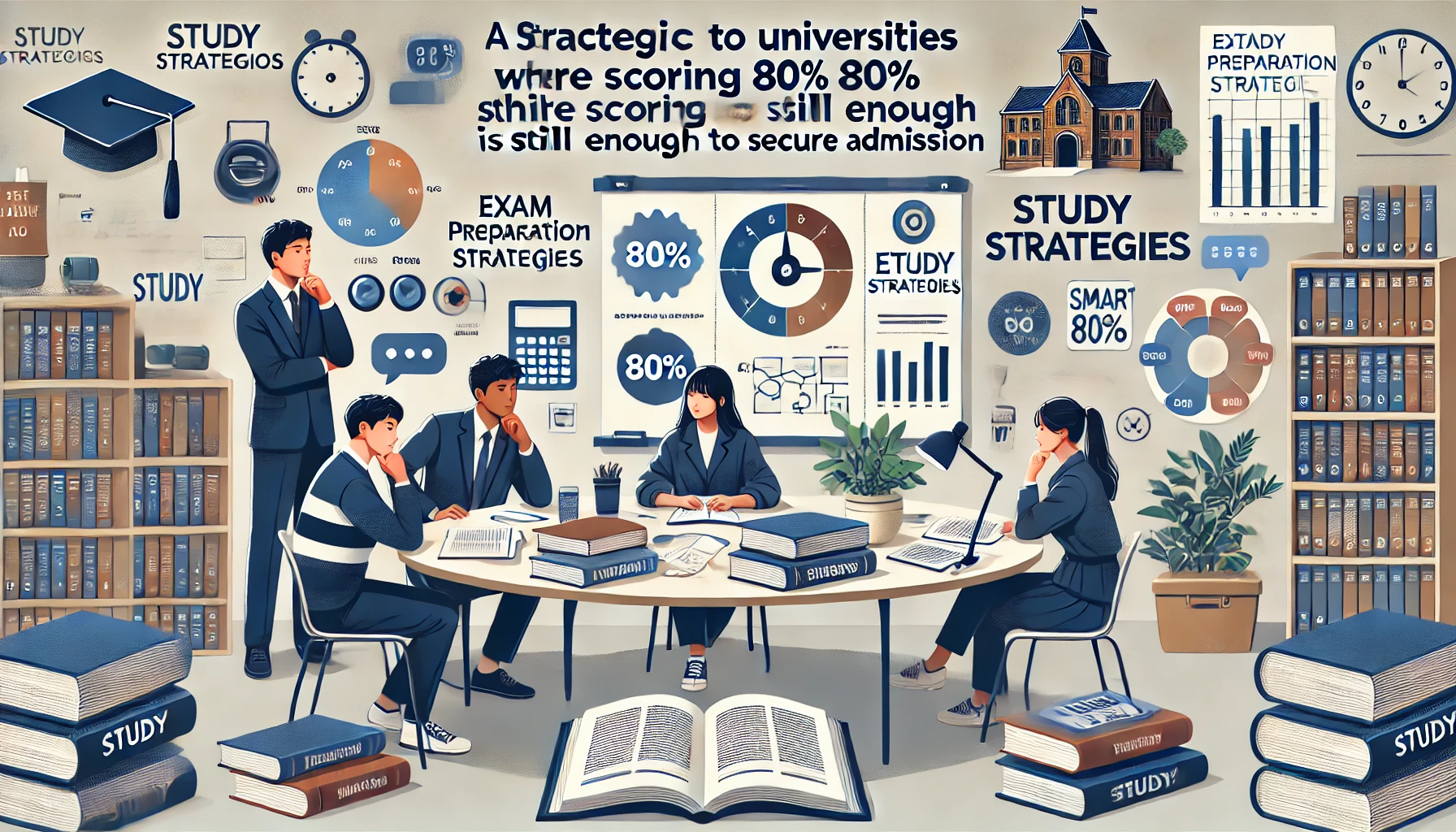 A strategic and informative digital illustration showcasing strategies to tackle universities where scoring 80% is still not enough to secure admission. The design should feature a well-organized study environment, exam preparation materials, and students discussing study strategies. The atmosphere should be motivational and focused, conveying a sense of determination and smart planning. The students should be of Japanese ethnicity. The image should be in a 16:9 aspect ratio.