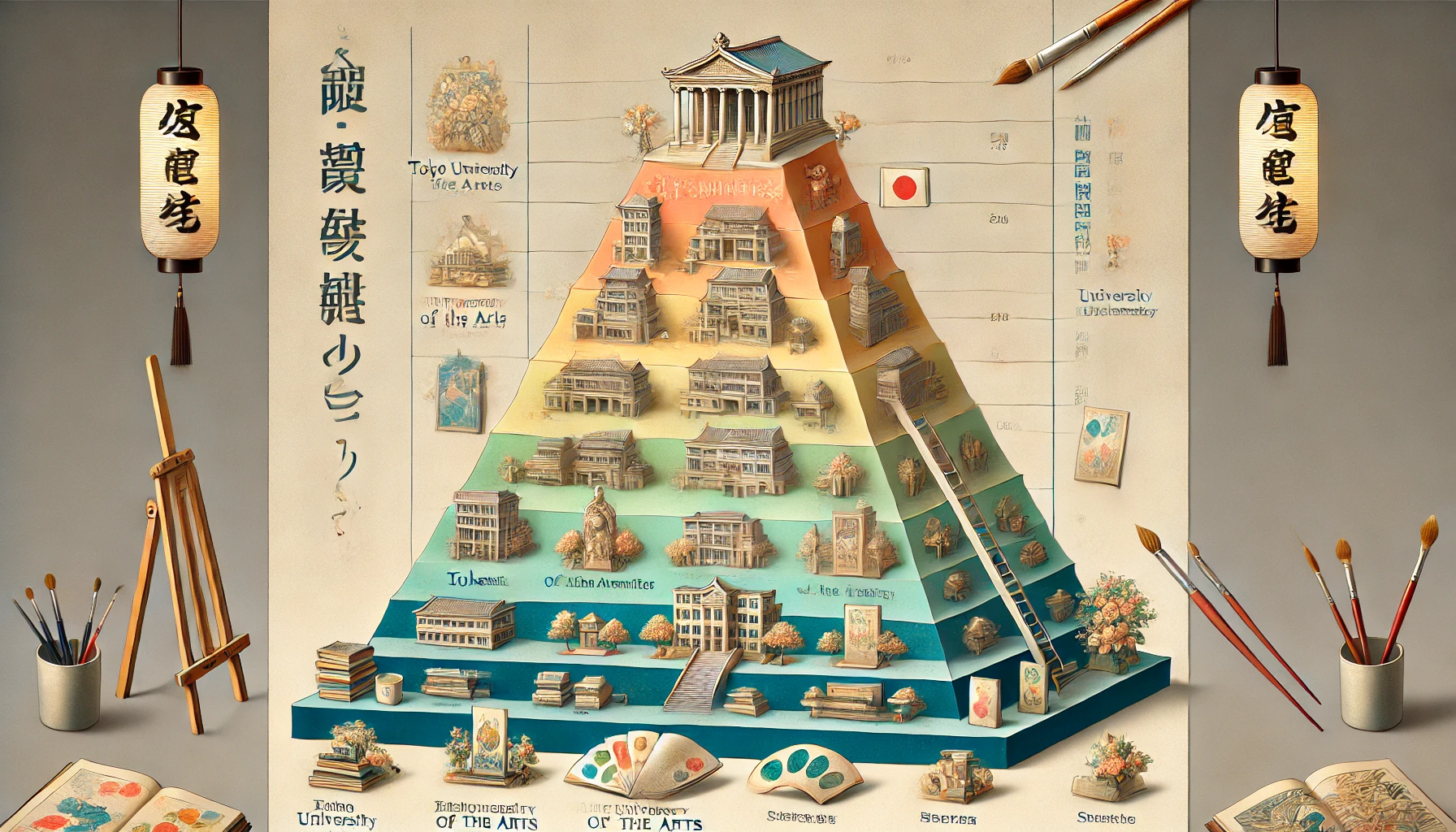 A visually engaging infographic-style image representing the hierarchy of art universities in Japan. The image includes a pyramid structure with different levels indicating the ranking of universities such as Tokyo University of the Arts at the top, followed by other well-known private and public art universities. The background is a subtle gradient with artistic elements like paintbrushes and sketchbooks. The text on the image reads '美大ヒエラルキー' (Art University Hierarchy). The style is modern and clean, suitable for educational use.