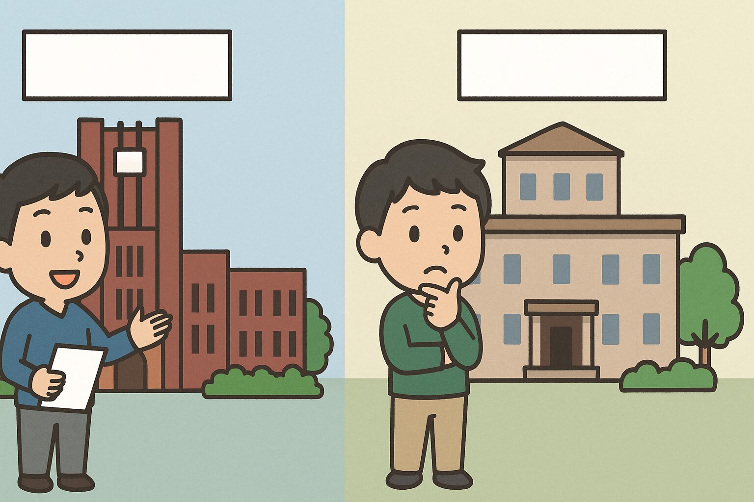 二人のキャラクターが東京都と山口県の異なる大学の建物を比較しているイラスト