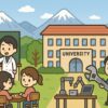雪山を背景にした長野県の大学で、工学を学ぶ学生たちと少人数授業の様子が描かれているイラスト。