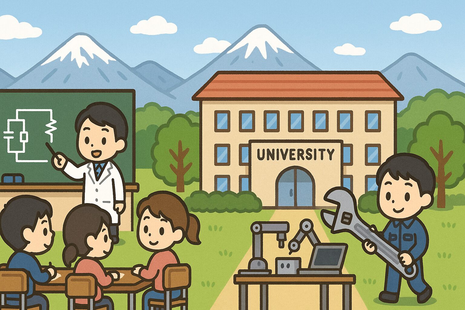雪山を背景にした長野県の大学で、工学を学ぶ学生たちと少人数授業の様子が描かれているイラスト。