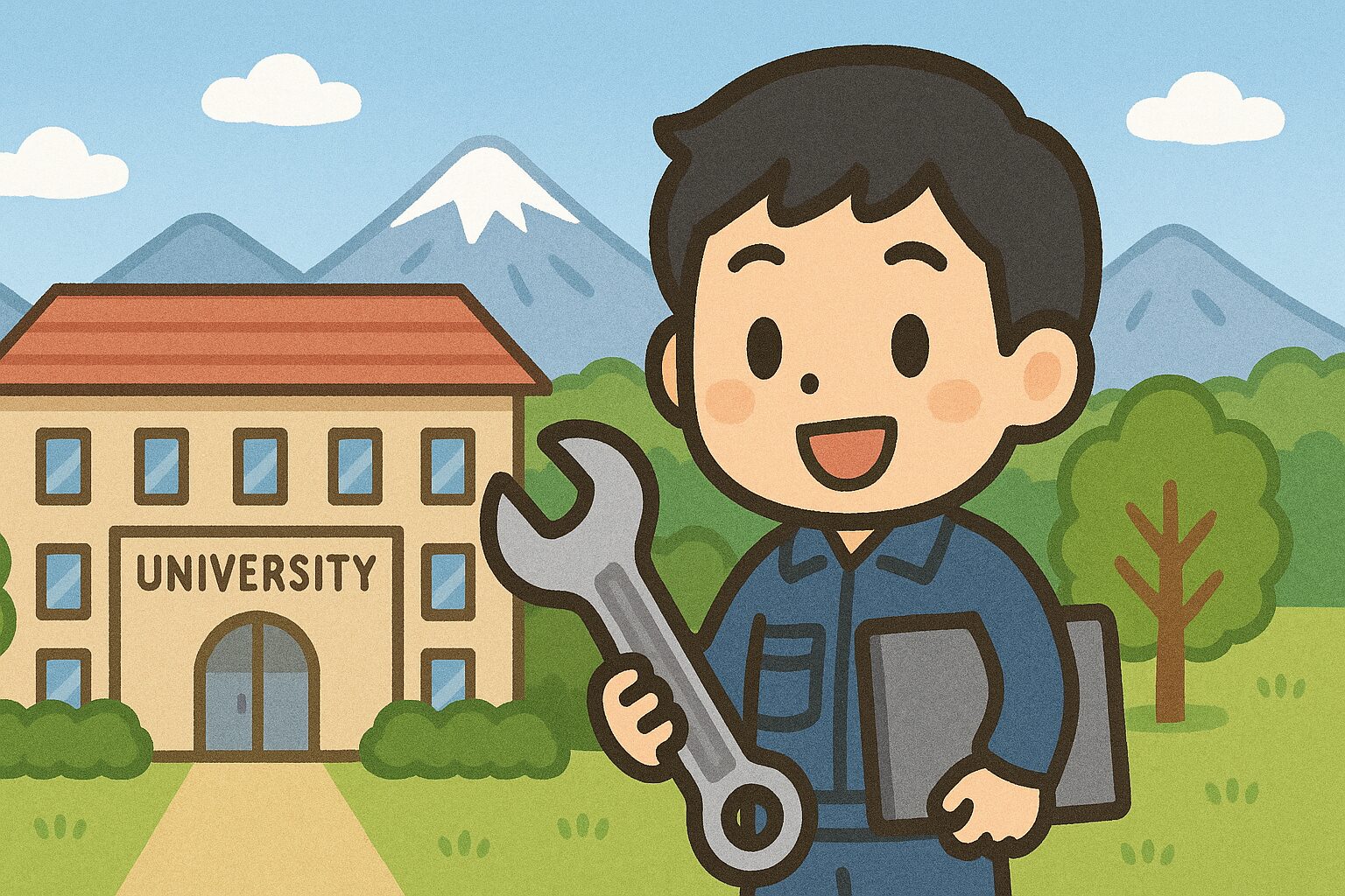 大学前で笑顔の男子学生がノートパソコンとスパナを持ち、山々と緑に囲まれた風景に立っているイラスト。